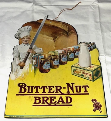 Vintage 1930s BUTTER-NUT BREAD Cardboard Advertising AD Sign - 13" Tall - Image 1 of 4
