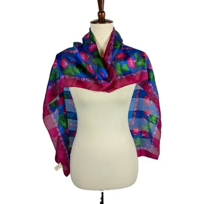 Bufanda Cuadrada Poliéster Silken de Berkshire Rosa Azul Floral Flores Rayas De Colección Foto 1 de 4