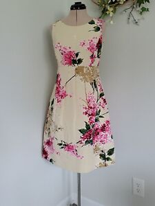 Lela Rose Ivory Pink Floral Silk Cotton Blend Fit & Flare Dress Women's  8