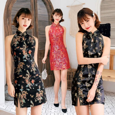 Women Sexy Summer Qipao Chinese Traditional Silk Satin Cheongsam Nightclub Dress