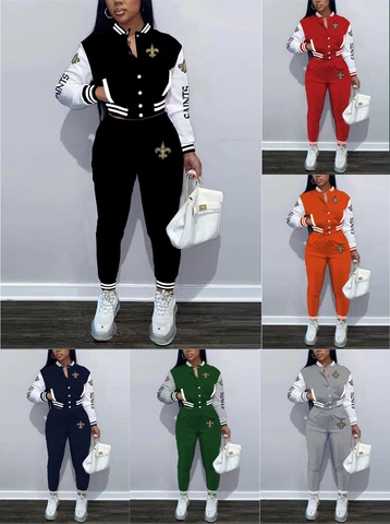 New Orleans Saints Women's 2PCS Varsity Tracksuit Casual Button Jacket Pants Set Cover