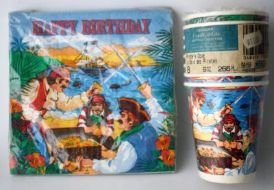 VINTAGE 90'S PIRATES COVE PARTY BIRTHDAY SET 20X NAPKINS 8X CUPS AMSCAN USA NEW! - Image 1 of 4