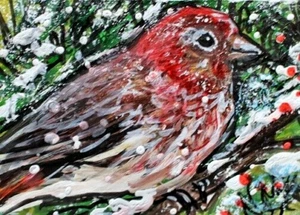 ORIGINAL ACEO Bird PAINTING House FINCH Winter Snow Pine Tree Nature ATC ART - Picture 1 of 1