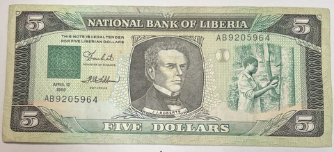 1989 Liberia Five Dollar Bill World Paper Money Currency Banknote  Lot - FL/443 Cover