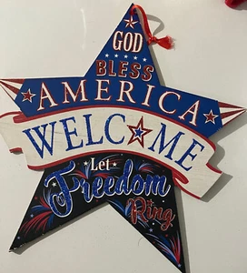 Patriotic Door Wall Hanging Décor American Red White Blue God Bless America Star - Picture 1 of 1