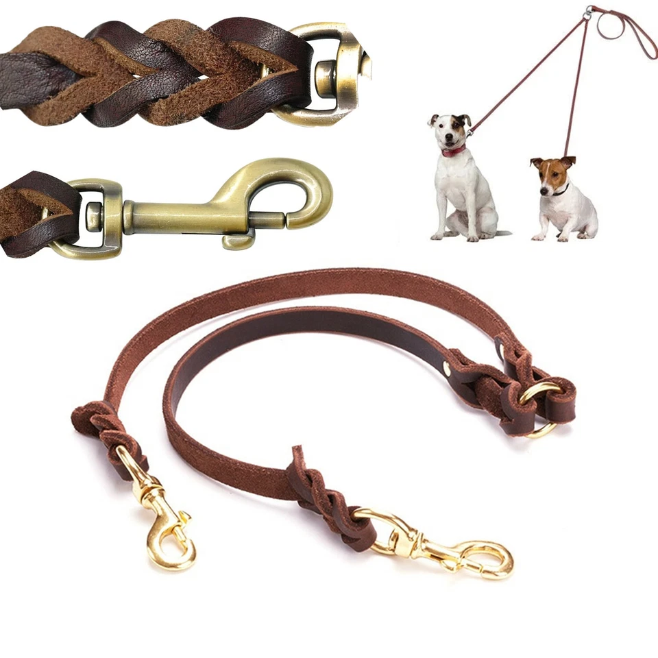 Double Dog Leash Heavy Duty Genuine Leather Braided Coupler Leash for 2 Dogs - Image 1 of 4