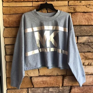 Michael Kors Blue Silver MK Logo Stripe long sleeve crop top Women’s Large NWT - Picture 1 of 10