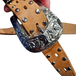 Vintage Western Style Genuine Leather Belt Silver Buckle Studded S/M Western 26 - Picture 1 of 9