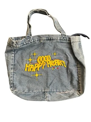 Bolsa jeans bordada Good Happy Heart estilo retrô fecho com zíper - Imagem 1 de 4