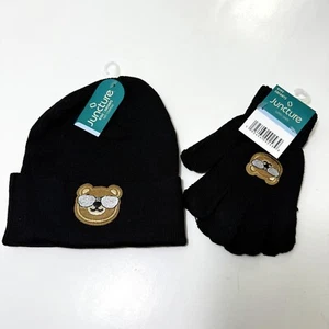 Boys Kids OS Beanie & Gloves 2 Piece Set ~ Teddy Bear w/ Sunglasses ~ Very Cute - Picture 1 of 4