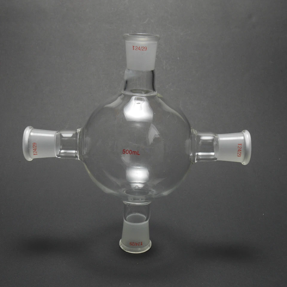 500ml 4-Neck 24/29 Cross Joint Glass Flask Four Necks Lab Chemistry Vessel - Image 1 of 1
