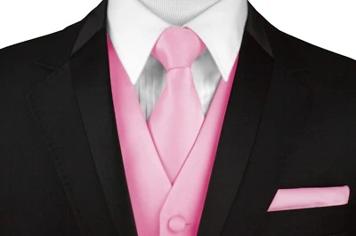 Conjunto de chaleco, corbata y pañuelo formal satinado rosa para hombre. Boda, graduación, regreso a casa Foto 1 de 4