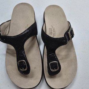 SAS Sanibel Sandals Flip Flops Shoes Womens 7 Black Leather Strappy Buckle - Picture 1 of 11