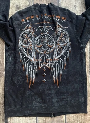 JAQUETA AFFLICTION LIVE FAST ZÍPER COMPLETO PRETA LARANJA MULTI MASCULINA GG ÓTIMO ESTADO - Imagem 1 de 4