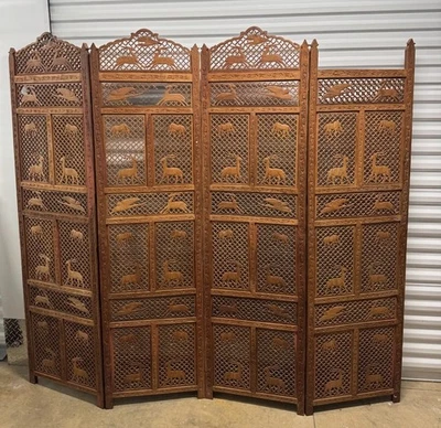 Mid-Century Carved Folding Four Panel Room Divider Screen - Image 1 of 4