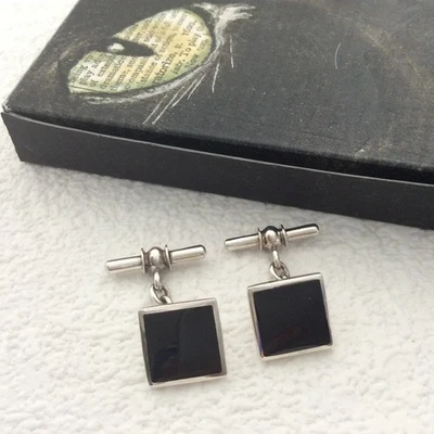 Gemelos cuadrados clásicos de ónix de plata 925 - eslabón de cadena - 13 mm/0,5"" - caja de regalo Foto 1 de 4