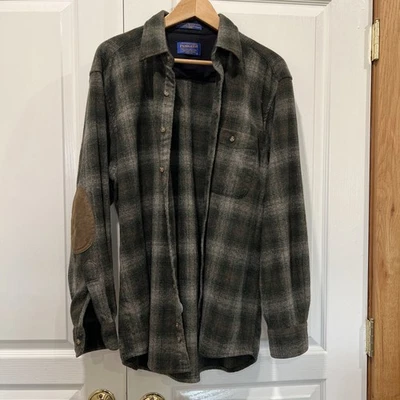 Camisa masculina Pendleton trilha grande verde marrom xadrez lã botão caminhada cotovelo patch - Imagem 1 de 4
