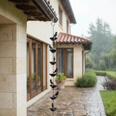 Cadena de lluvia metálica para pájaros para canaletas resistente al óxido exterior captador de lluvia exterior/interior Foto 1 de 4