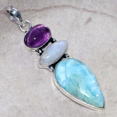 Colgante largo de piedras preciosas enchapadas en plata 925 con piedra lunar arco iris Larimar 2,5" GW Foto 1 de 3