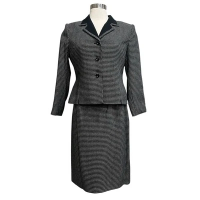 Kasper A.S.L Skirt Suit Set 10P Jacket Blazer Checkered Black & Beige Modest Foto 1 de 4