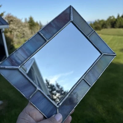 Espejo vintage vitral con plomo vidrio de escoria azul 6”x8” tocador de pie Foto 1 de 4