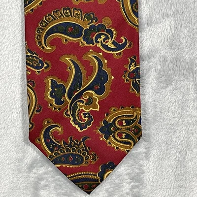 Paul Stuart Tie Mens Classic Burgundy Gold Blue Paisley Silk Necktie Made USA - Image 1 of 4