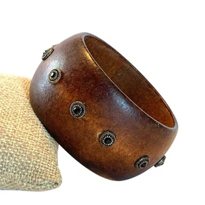 Vintage Holz Armreif Armband breit & kräftig mit schwarzen Strass Nieten 80er Chic - Bild 1 von 10