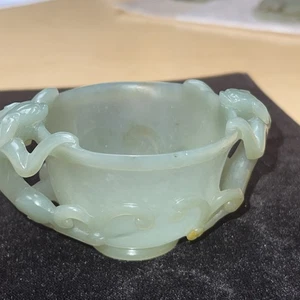 CHINESE.ANTIQUE,LIGHT GREENISH JADE CUP DEPICTS DRAGON.MEASURES H 1-3/4xW 3-1/2” - Picture 1 of 14