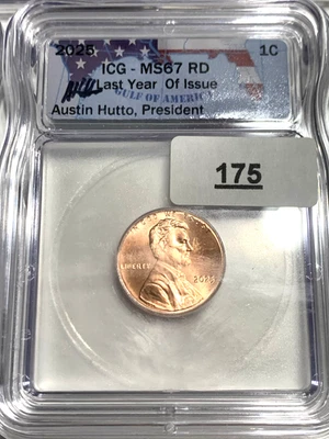 MS67+ RD 2025 Rare Lincoln Shield Cent Penny Coin Last Yr Issue Austin Hutto Sig - Image 1 of 4