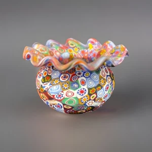 Vintage Italian MURANO Venetian Blown Glass Millefiori Miniature Ruffled Vase - Picture 1 of 9