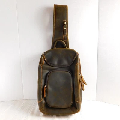 Sling CrossBody Shoulder Bag Genuine Leather Brown Unisex Zipper Compartments - Image 1 of 4