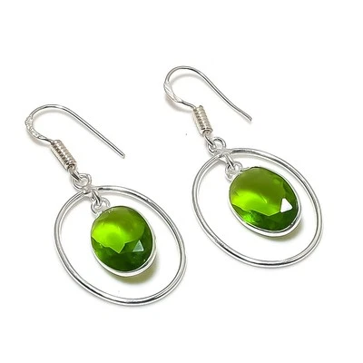 Peridot Oval Shape Drop Dangle Gemstone Black Friday Gift Jewelry Earrings 1.70" - Image 1 of 4