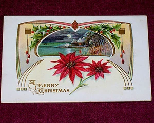 #16 Vintage 20er Jahre Postkarte Frohe Weihnachten Mond Licht Haus Szene Hollies geprägt - Bild 1 von 2