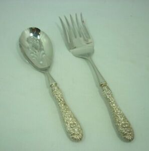 Kirk Stieff Rose Floral Repousse Sterling Handle Serving Spoon & Fork 22C003