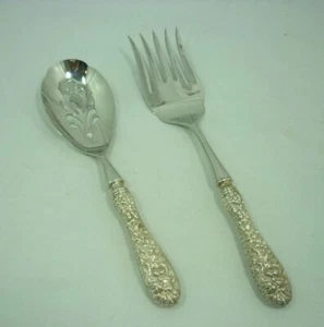 Kirk Stieff Rose Floral Repousse Sterling Handle Serving Spoon & Fork 22C003 - Picture 1 of 5
