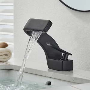 Matte Black Waterfall Bathroom Faucet Vanity Basin Single Handle Sink Mixer Tap - Picture 1 of 8