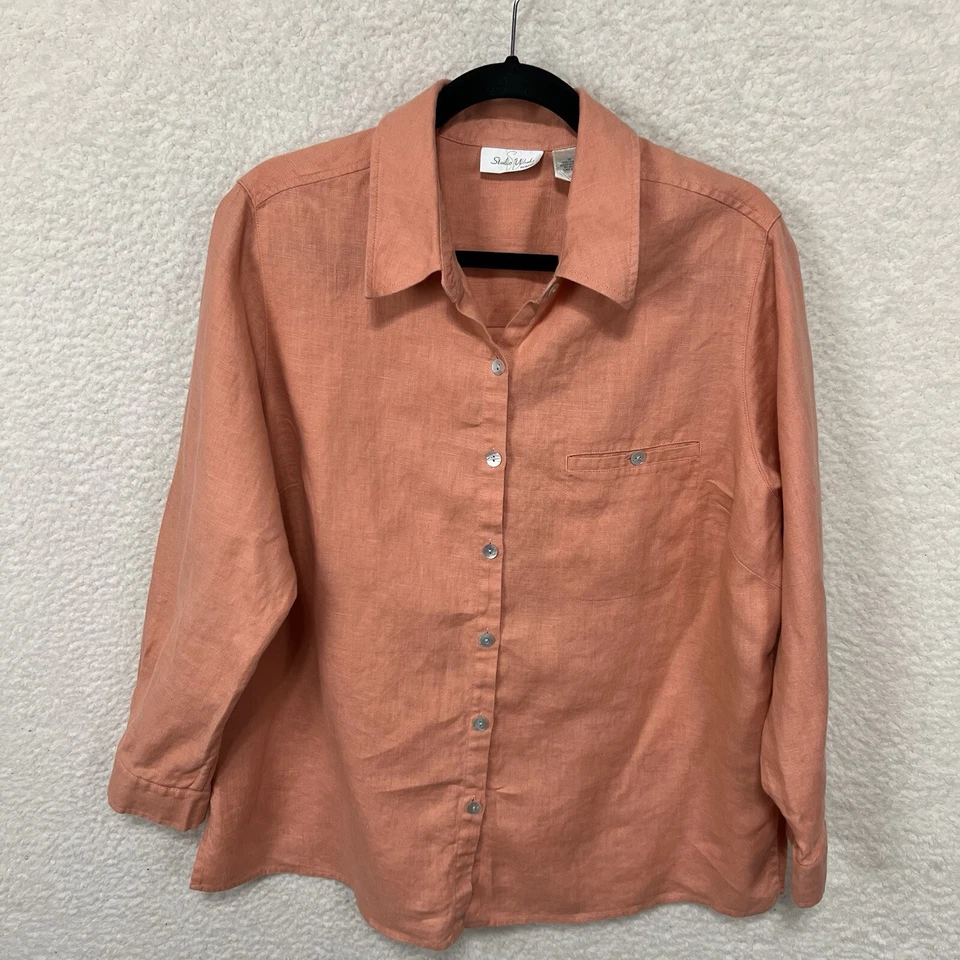 Studio Works Shirt Womens 1X Coral Button Up Long Sleeve 100% Linen  Classic - Image 1 of 4