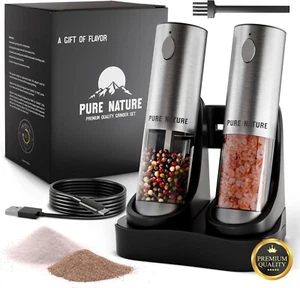 Pure Nature Salt and Pepper Grinder Set with rechargeable base. Premium Stainles - Picture 1 of 7