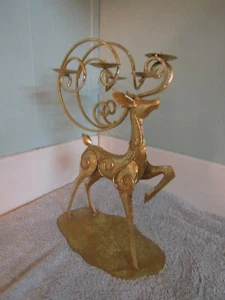 Lg Gold Tone Reindeer w  Lg Antlers 5 Candle Holder Candelabra 14+"  - Picture 1 of 12