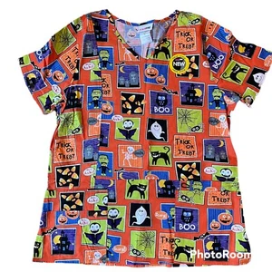 Scrubstar Women’s Size Small Halloween Scrub Top V Neck Orange Black New - Picture 1 of 7