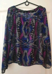 Mexx Ethnic Geometric Chiffon Blouse UK10 EU38 US6 Henley Button Tunic Flare Top - Picture 1 of 15