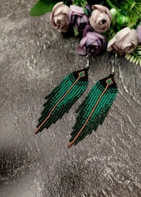 Tribal Earrings Native Large Boho American Seed Beads Handmade Earring - Image 1 of 3