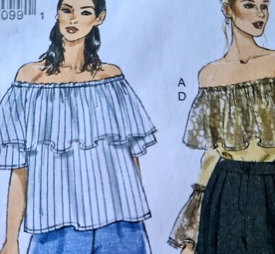 Off Shoulder Peasant Blouse Poet Sleeve Wide Leg Pants Vogue 9257 Sewing Pattern - Image 1 of 4