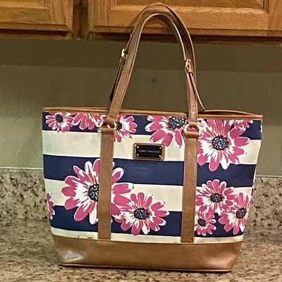 Bolso de Mano Tommy Hilfiger de Lona Rosa Flores Azul Crema Tiras Cuero Tostado Logo Foto 1 de 4