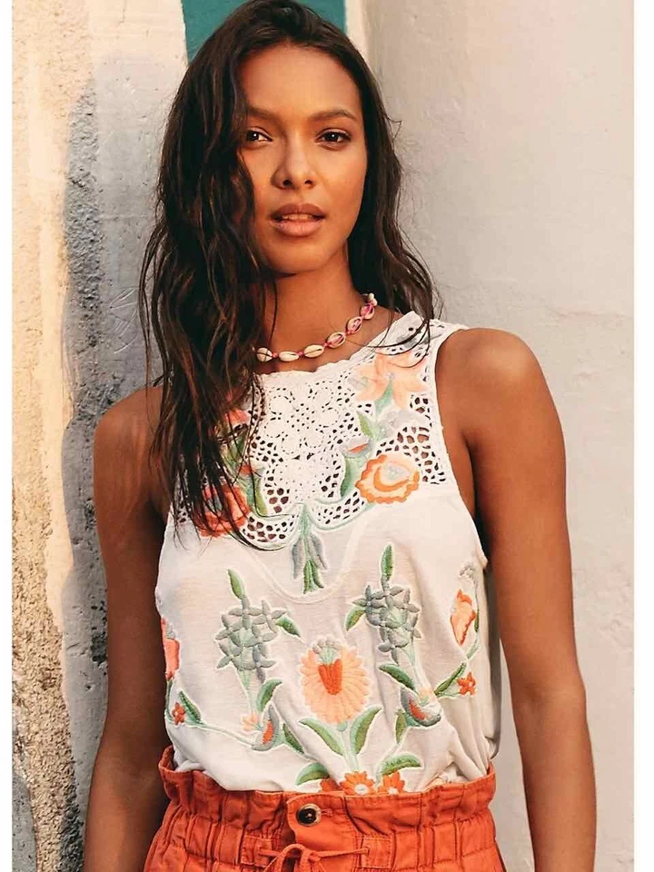 People Womens Flower Power Ivory Embroidered Tank Top Shell XS BHFO 6378