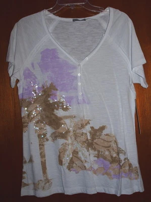 Nuevo Top Tres Corazones Blanco con Lentejuelas Escena de Árbol Marrón Púrpura Talla Mediana Foto 1 de 2