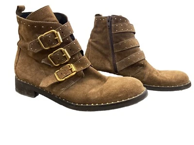 Minelli Brown Italian Leather Studded Buckle Ankle Booties Boots Size 38 - Image 1 of 4