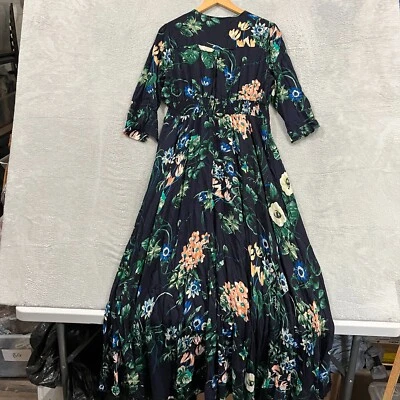 Maxi Vestido Bohemio Para Mujer Pequeño-Mediano Botones Azul Marino Floral Playa Artístico Hippie Foto 1 de 4