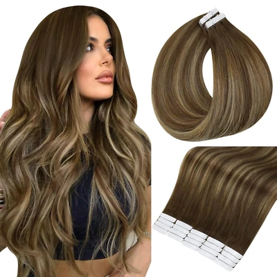 Full Shine Invisible Tape in Hair Extensions Human Hair 18 Inch Tape ins Brown E - Image 1 of 4