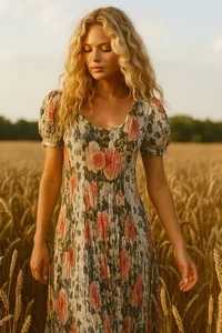 Vintage Starina Rayon Krepp Maxikleid L Rosengarten Tee Cottagecore feminine Prarie - Bild 1 von 9